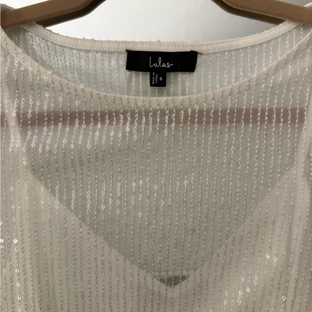 Lulu's White Sequin Mini Dress with Feather Cuffs - Picture 5 of 6